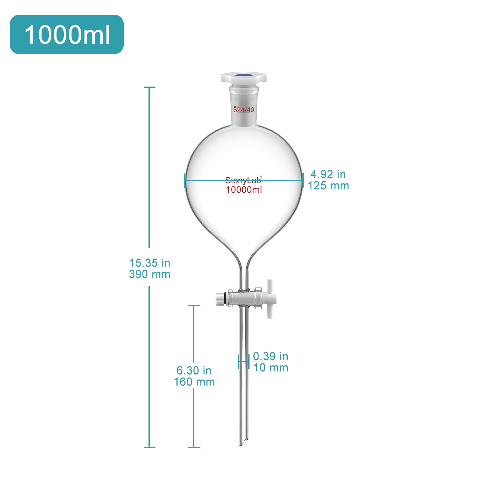 stonylab 1000 mL Scheidetrichter mit 24/40 Schliff & Ptfe-hahn, Borosilikat 3.3 Glas, Sphärisches Design für Flüssigkeitsextraktion & Lösungsmitteltrennung, Inklusive Kunststoffstopfen (1-packung)