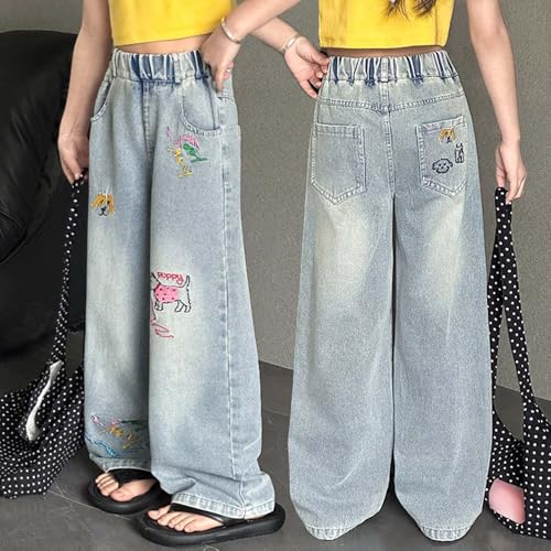 Girls Jeans Cargo Pants Baggy Embroidered Wide Leg High Elastic Waist Kids Straight Denim Pant with Pockets 5-14 Y2