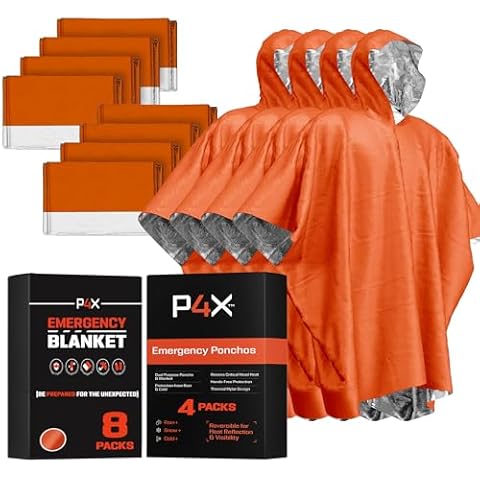 PREPARED4X Bundle: Emergency Mylar Blanket 8-Pack and Mylar Poncho 4-Pack Orange Cover