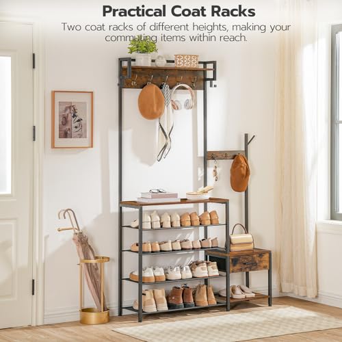 HOOBRO-Hall-Tree-Entryway-Coat-Rack-Shoe-Bench-Shoe-and-Coat-Rack-for-Entryway-Hall-Tree-Coat-Rack-with-Non-Woven-Fabric-Drawer-for-Entrance-Foyer-Rustic-Brown-and-Black-BF113MT01