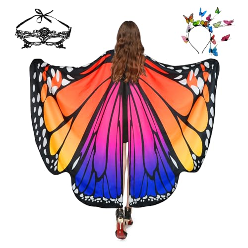 Sunlisky Disfraz de Mariposa Señoras Mariposa Diadema Máscara de Mardi Gras Mantón de Alas de Mariposa con Rhinestone Imprimir Collar Alas de Hada (Grande-rosa Roja)