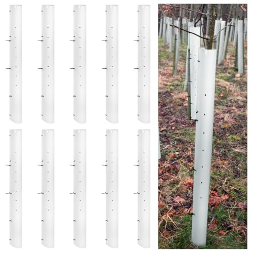 Pushglossy 10 Pack 48 Inch Tree Seedling Sapling Grow Tubes Standard Vented Seedling Protectors Split Tree Grow Protector with Releasable Zip Tie Plant Shelter for Cuttings Outdoor (White)