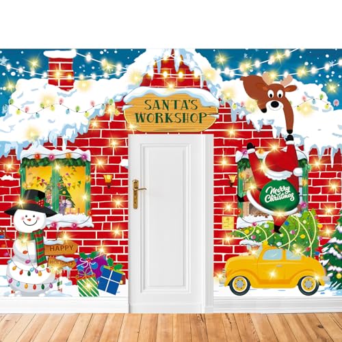 Peryiter 3 Pcs Life Size Christmas Door Cover Banner with LED Light Red Brick Santa's Workshop Decorations Large Classroom Door Decorations Xmas Party Porch Banner for Holiday House Front Background
