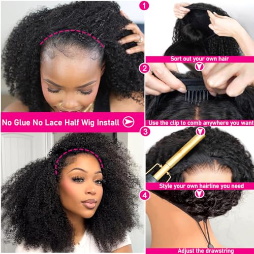 kinky curly half wig human hair 200 density 3 in 1 seamless flip over half wigs human hair glueless wear and go beginner friendly kinky curly wig human hair drawstring headband wig for women 20 inch