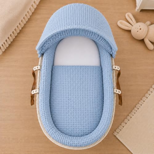 Image of For Your Little One Moses Basket Bedding Set – Waffle & Dimple Designs with Hood, Quilt & Bumper | Soft & Breathable (Moses Basket Not Included!) (Waffle, Blue)
