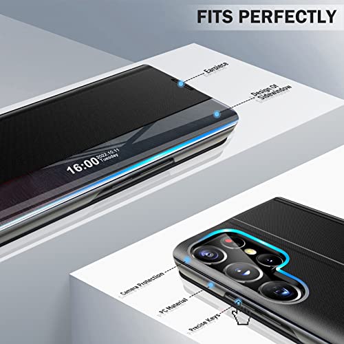 Qissy For Samsung Galaxy S22 Ultra 5G Case, Smart Clear View Window Luxury Slim Mirror For S22 Ultra Case With Kickstand, Leather Hard Pc Flip Shockproof Protective Cover Samsung S22 Ultra Phone Case #TOP4