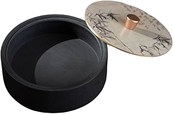 Amazon | Eeeza 硯 硯石 天然原石 墨池 すずり 円形 玉山石 真鍮 蓋