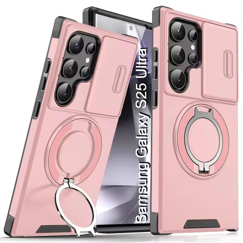 Image of LuxuryKase Shockproof Rugged Case for Samsung Galaxy S25 Ultra | Slide Camera Cover | 360 Rotating Ring Kickstand | Military-Grade Protection - Rose Pink