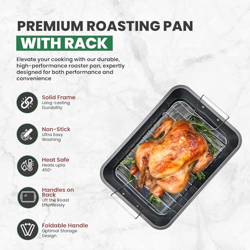 Roasting Pan With Rack 11\" x 15\" - Non Stick Large Roaster Pan and Flat Rack with Foldable Handles - Roasting Pans for Ovens to Elevate Food for Even Heating - Dishwasher Safe Turkey Roast Pot