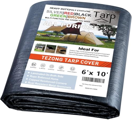 Tarps Heavy Duty Waterproof 6x10ft TEZONG Black Tarp 16Mil Plastic Tarpaulin Outdoor Tarp Cover for Emergency Rain Patio Furniture Wood Roof Camping Car Pool
