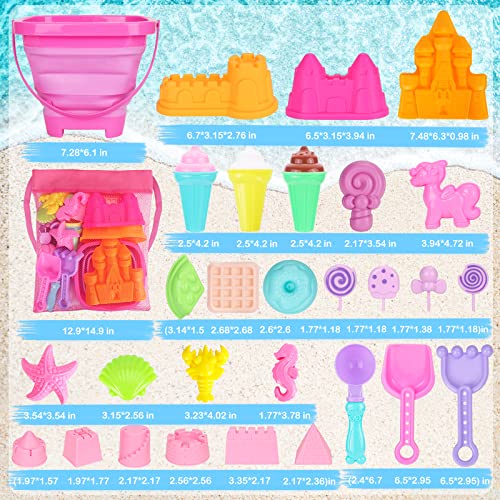 HUUIDY Beach Toys, 30Pcs Ice Cream Sand Toys, Sandbox Toys with Collapsible Sand Bucket and Sand Castle Kit, Cake, Lollipop, Sea Animal, Unicorn Molds, Shovels Set, Mesh Bag, Travel Toys for Girls 3+