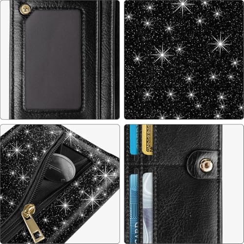 Ultra Slim Womens Wallet Minimalist Thin Long Leather Bifold Wallet RFID Blocking Card Holder Organizer with Zipper Coin Pocket Ladies Girls Gift Purse, Glitter Black4
