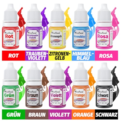 Lebensmittelfarbe - 10 Farben Lebensmittelfarbe Flüssig, Hochkonzentrierte Lebensmittelfarben, Flüssige Food Coloring für Kuchen Backen, Kekse, Macaron, Fondantieren, DIY Slime - 6ml