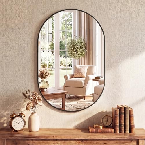 Image of NEWBULIG 24 inch x 36 inch Oval Bathroom Mirror, Black Wall Mirrors with Metal Frame, Tempered Glass, Morden Vanity Mirror for Over Sink, Entryway, Living Room, Bedroom, Horizontal or Vertical