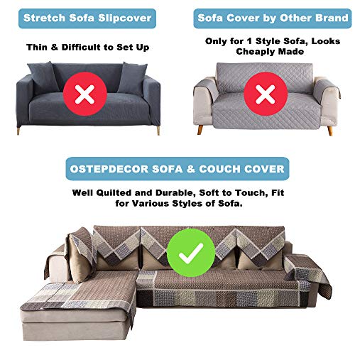 OstepDecor Couch Cover, Sofa Cover, Quilted Sectional Couch Covers, Cotton Sofa Slipcover for Dogs Cats Pet Love Seat Recliner Leather L Shaped, Armrest Backrest Cover, 36 x 63 Inches