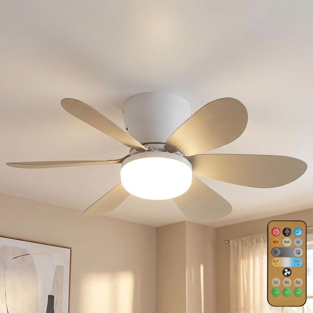 LED Deckenventilator Deckenleuchte Wohnzimmerlampe Dimmbar Weiß sand D 51 cm