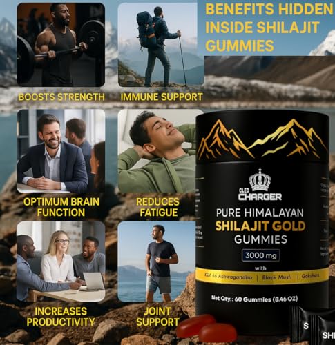 Shilajit Gummies for Men & Women | 3000mg Pure Organic Himalayan Shilajit with Ashwagandha Gokshura | Non-GMO, No Added Sugar | 85+ Trace Minerals & Fulvic Acid | 60 Gummies