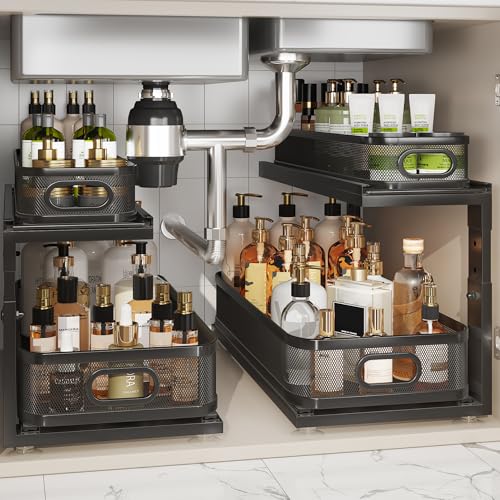 Image of 2 Pack 21IN-Depth Under Sink Organizer With Next-Gen Ball-Bearing Slides,2-Tier Precision Mesh Pull Out Cabinet Storage for Bathroom&Kitchen,Height Adjustable Drawers Shelf,Anti-rust-Black