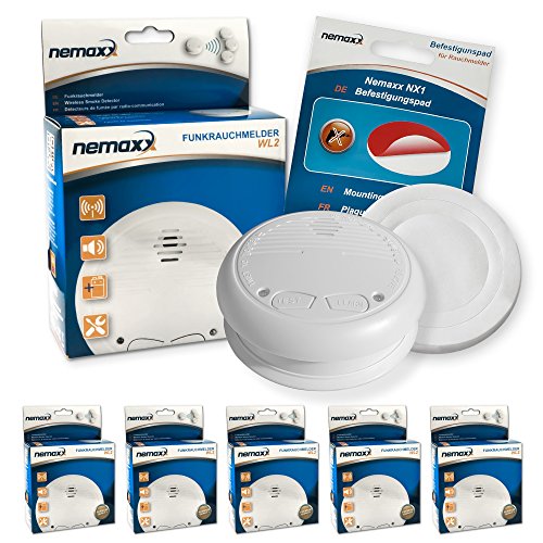 5X Nemaxx WL2 Funkrauchmelder Rauchmelder Brandmelder Set Funk koppelbar vernetzt - nach EN 14604 + 5X Nemaxx NX1 Quickfix Befestigungspad