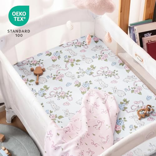Image of PHF Soft Mini Crib Sheet Set, 2 Pack Silky Comfy Pack N Play Sheets for Girls, Universal Fit for Pack N Play, Playard and Mini Crib Mattresses, Rabbit & Floral