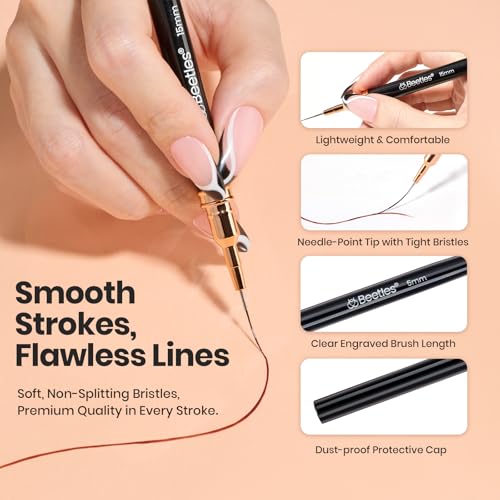 Image of Beetles Liner Brushes for Nails 5pcs - Metallic Nail Art Brushes Black Nail Art Pens Liner Sizes 5 /9 /15 /20 /25mm with Palette Holder Painting Manicure Design Tools for Long Lines, Details, Fine Drawing