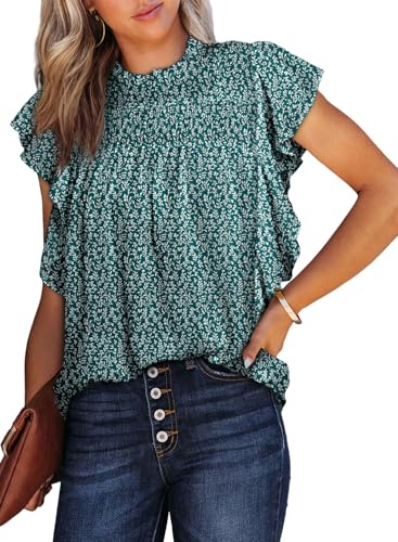 Dokotoo Womens Summer Tops Casual Crewneck Floral Print Shirts Smocked Ruffle Short Sleeve Babydoll Blouses