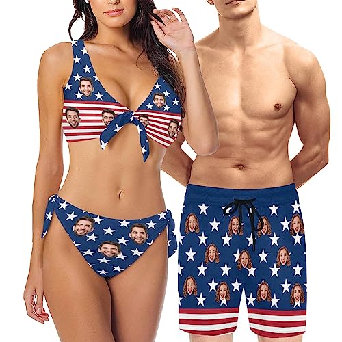 Custom Face Couple Matching Swimwear Independence Day American Flag Swimsuit Personalized Bikini Swim Trunks Gift for Him Her