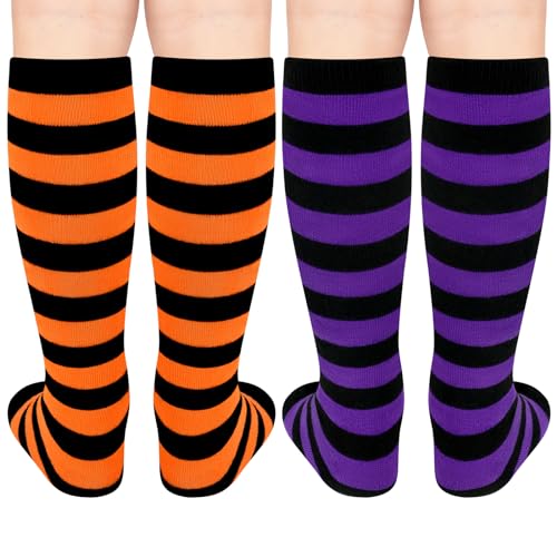 Image of Sarfel Kids Soccer Socks Toddler Soccer Socks Girls Boys Soccer Socks Kids Tube Socks with Stripes Toddler Knee High Socks, 2 Pack Black /Orange Stripe, Black /Purple Stripe, 3-6 Years