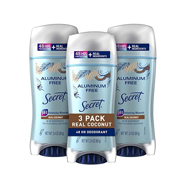 Secret Aluminum Free Deodorant for Women, 48hr Odor Protection, Free of Parabens Dyes Talc & Baking Soda, PH Balancing Minerals, Dry Solid, Coconut Scent, 2.4 oz (Pack Of 3)