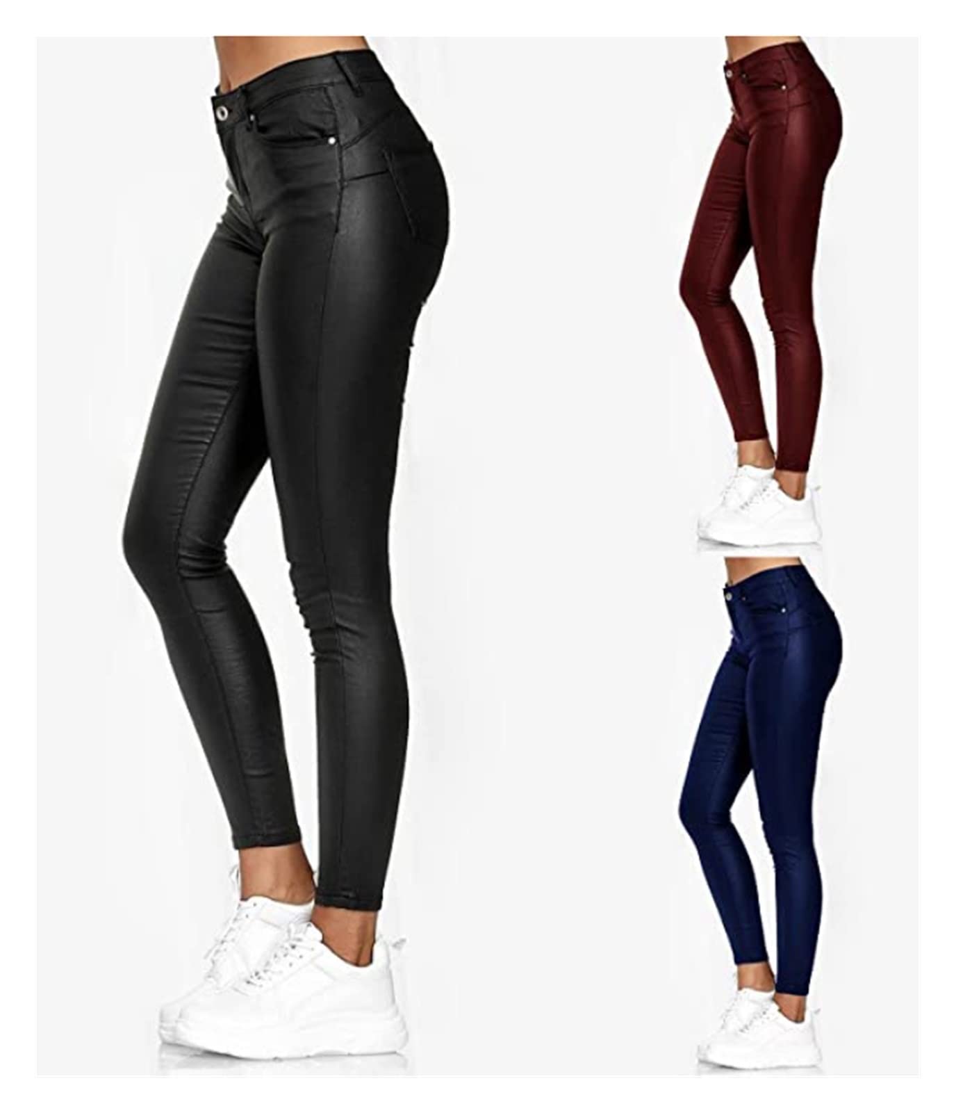 Leggings da donna in pelle PU, a vita alta, aderenti, elasticizzati, per il tempo libero