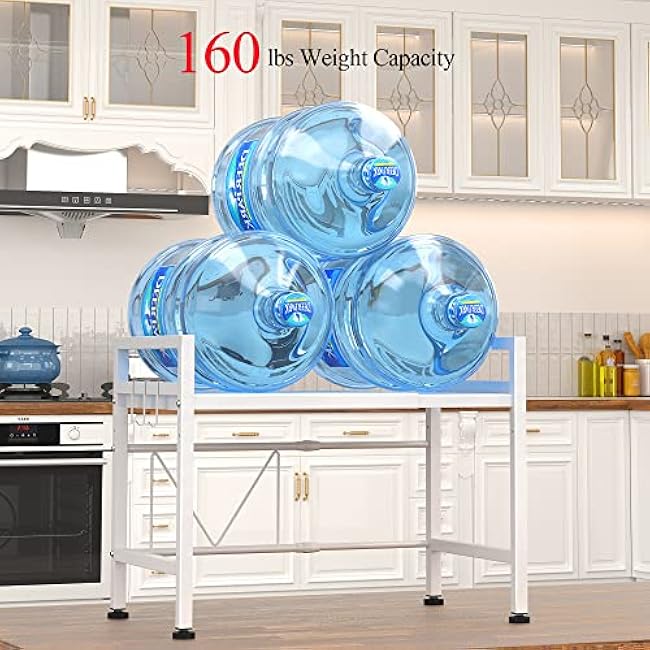 PUSDON Extendable Microwave Oven Rack, Adjustable Microwave/Toaster Shelf Heavy Duty Stand Kitchen Counter Top Organizer(L15.7~23.6 xW12.6 xH18.9), 2-Tier with 3 Hooks, 160lbs Weight Capacity, White