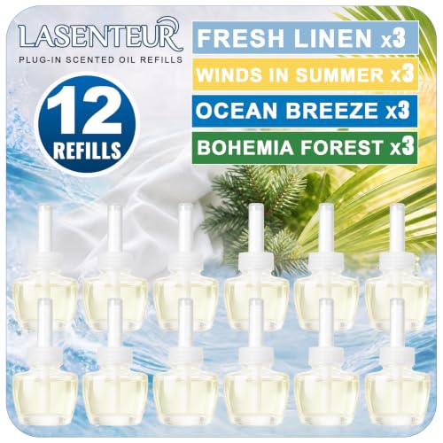 Image of Plug In Air Freshener Refills for Home, 12 Count 7.92 FL OZ | Ocean Breeze, Fresh Linen, Bohemia Forest & Winds In Summer Scent for Home, Compatible with Air Wick & Glade