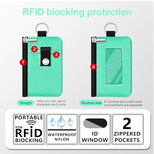 Image of Minimalist RFID Blocking Small Wallet with ID Window,WaterResistant Zip Id Case Wallet with Lanyard Keychain for Cards,Cash,Travel,Women,Men (Mint Green)