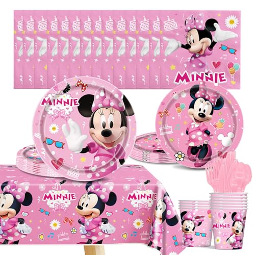 Cartoon Birthday Party Tableware Set Including 9 and 7 Paper Plates Paper Cup Napkins Cup Fork Knife Spoon and Tablecloth Birthday Party Sets for Boys & Girls (Pink)