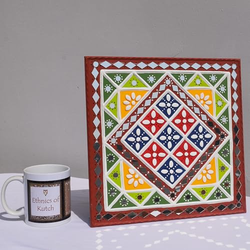 Image of Ethnics of Kutch Traditional Kutch Handicraft Mud-Mirrorwork Lippan Kam Wall Art (Water and Break Resistant) - Square (12 inch x 12 inch) - (Green LKT-0273)