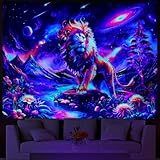 Blacklight Lion Tapestry Galaxy Space Tapestries UV Reactive Mountain Wall Decor Hippie Neon Flowers Plants Wall Tapestry Magic River Landscape Wall Hanging for Living Room