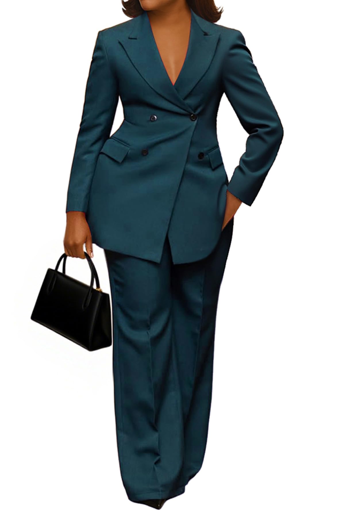 Womens 2 Piece Blazer Suit Double Breasted Blazer High Waisted Wide Leg Pants Sets Business Casual Office Outfit