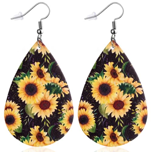 YINCUO Sunflower Earrings for Women Leather Teardrop Dangle Drop Jewelry Outfits Accessories, Leather, No Gemstone