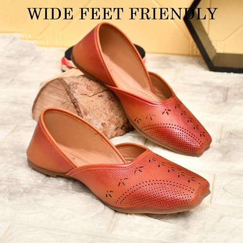 Image of Duosoft Women's Leather Ballet Flats, Black Perforated Design, Comfort Cushioned Insole, Slip-On Style Bellies Dw-201-Tan