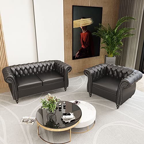 Avzear 2-Piece Living Room Sectional Sofa Set, Upholstered Sofa Modern Sofa Couches Set Style Button Tufted, Pu Chesterfield Sofa For Living Room Apartment, 1+2 Seat Pu Black #TOP7
