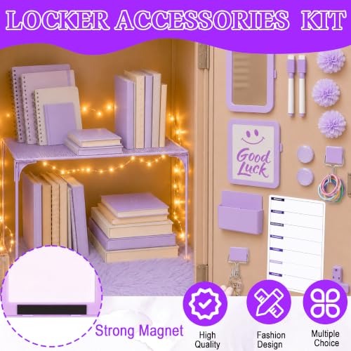 QAUYETM 17 PCS Locker Accessories for Girls Locker Decoration Kit with Shelf Magnetic Mirror Whiteboard Pen Holder Rug Wallpaper Lights Lockers Organizer Set for School Dorm Gym Office (Purple) by QAUYETM - Used condition - Image 4