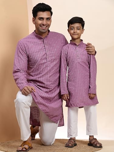Image of Pro-Ethic Style Developer Men Silk Striped Father Son Matching Ethnic Wear Embroidery Mirror Work Kurta Pyjama Set |(Combo)B-117