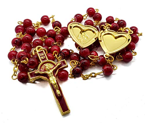 Nazareth Store Red Coral Glass Beads Rosary Catholic Saint Benedict Prayer Beaded Necklace with Miraculous Heart Shaped Locket Medal & Jesus Cross3
