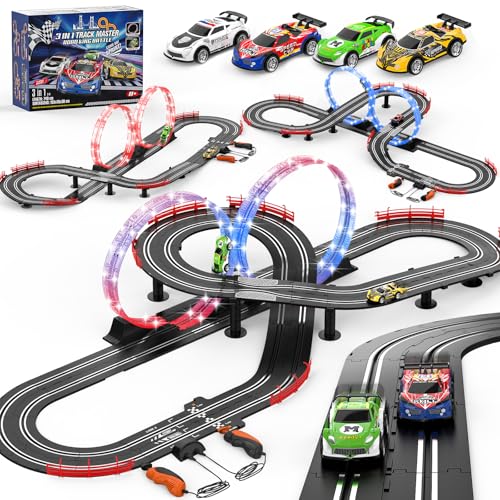 3 IN 1 Slot Car Race Track Sets with 4 High Speed Slot Cars, Electric Race Car Track Include...