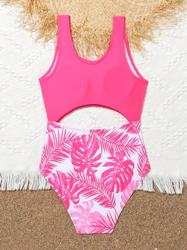 Image of WDIRARA Girl's Cut Out Swimwear Tropical Print One Piece Bathing Suit Beach Sport Swimsuits Pink 9Y