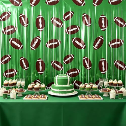 Image of TONIFUL 2Pcs Green Metallic Foil Fringe Curtains with Footballs Pattern