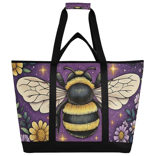 Large Insulated Tote Bag Closeup Bee Florals for Grocery Shopping Reusable Tote Bags for Women Men, Cooler Bag with Zippered Top & Handles for Beach Picnic Travel