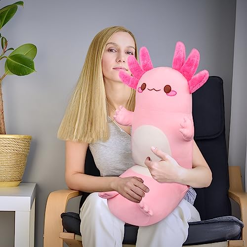 Image of Auspicious beginning 35.4inch Cute Axolotl Stuffed Animal Plush Pillow, Soft Kawaii Cat face Newt Plush Toy Body Pillow Gifts (Pink Salamander)