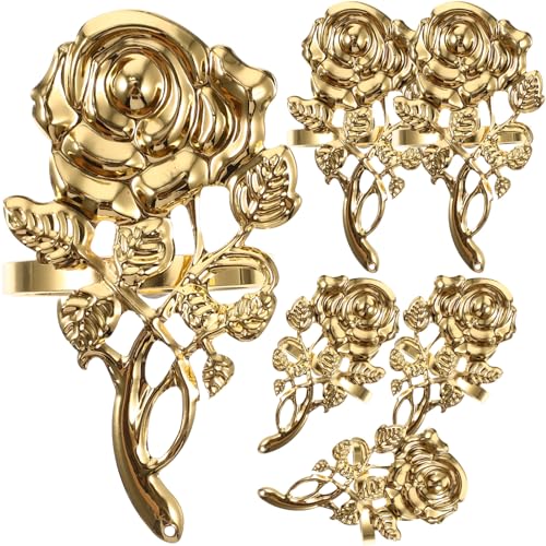 Alipis 6pcs Valentines Day Rose Napkin Rings Artificial Rose Napkin Rings Gold Metal Napkin Holder Serviette Buckle for Wedding Party Holiday Banquet Anniversary Decor