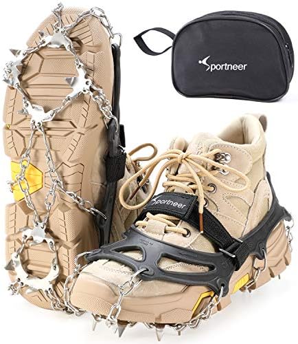 Crampons Ice Cleats for Hiking Boots and Shoes, Sportneer 19 Stainless Steel Shoe Spikes Boot Chains, Snow Ice Grippers Traction Snow Grips for Women Men Hiking Climbing Mountaineering Fishing Walking